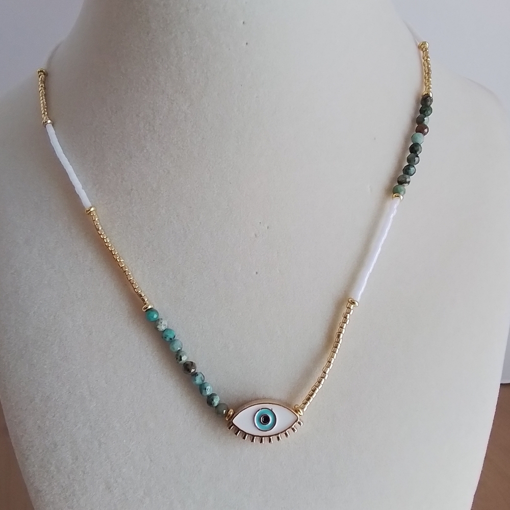 Gold Evil Eye Necklace with AfricanTurquoise Beads